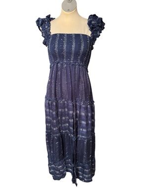 PQ Women’s Navy Blue Silver Iridescent  Smocked Maxi Dress with Ruffle Straps